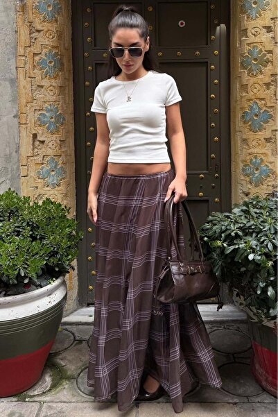 Madmext Καφέ καρό vintage μάξι φούστα από σιφόν MG2776