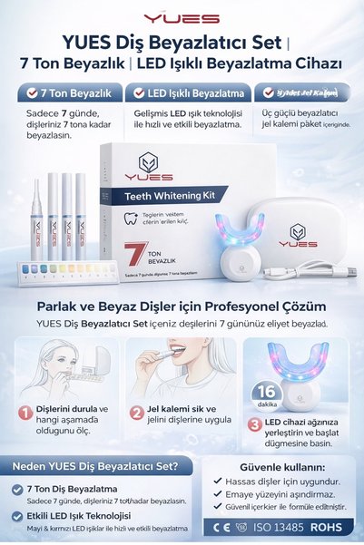 YUES Diş Beyazlatıcı Set 32 LED Işıklı Diş Beyazlatma Kiti 4 Jel Kalem Seyahat Kutulu