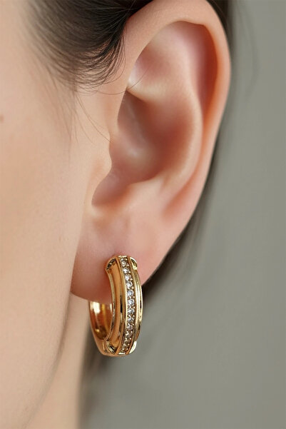 Vitastyle أقراط من الفولاذ بلون ذهبي نصف دائري مرصعة بالأحجار