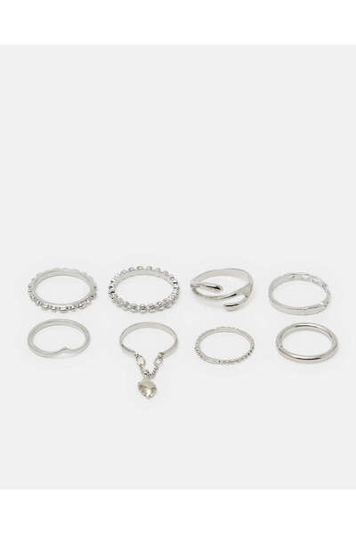 REDTAG Women Silver Embellished Rings (Pack of 8)