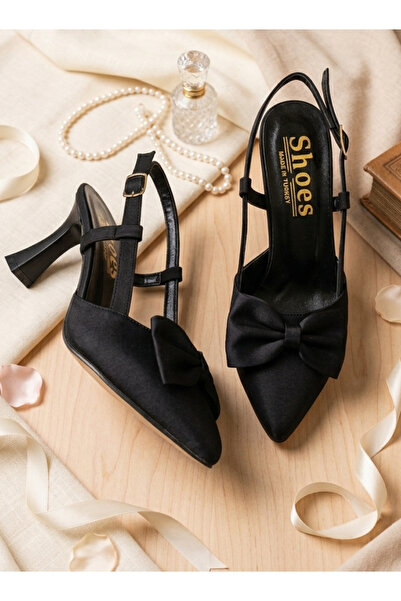 nuvora Pointed Toe Bowknot Matte Black Satin Fabric Heeled Evening Dress Wome...