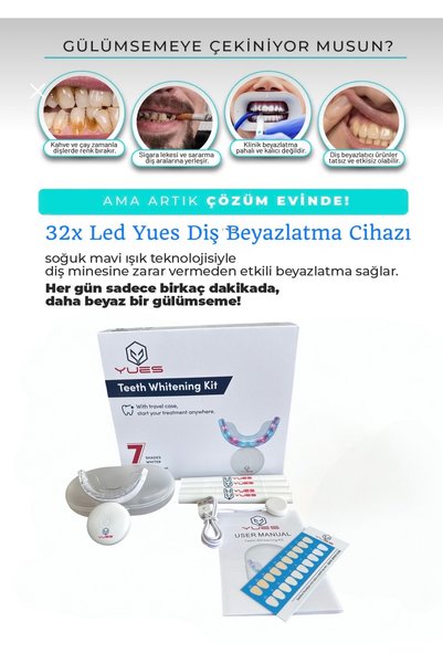 YUES Diş Beyazlatıcı Set 32 LED Işıklı Diş Beyazlatma Kiti 4 Jel Kalem Seyahat Kutulu