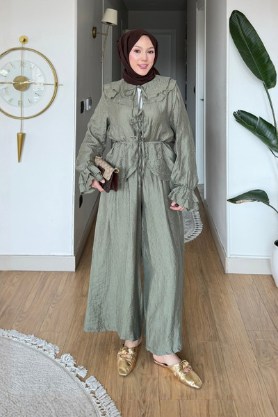 Tesettür Diyarı Σετ Χιτζάμπ από Ύφασμα Τούλι Μοντάλ με Δέσιμο Felora - Χακί