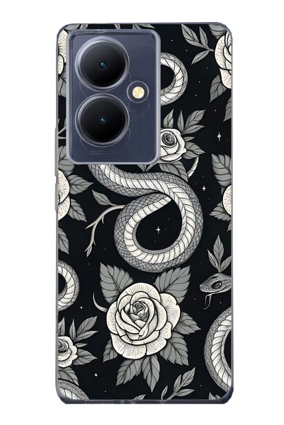 FLAMENKO Vivo V29 Lite 5g Compatible Black Rose and Snake Pattern Transparent...