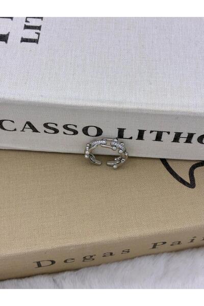 Hedef Bijuteri Silver Color Zircon Stone Tfny Lock Detail Adjustable Brass Ri...