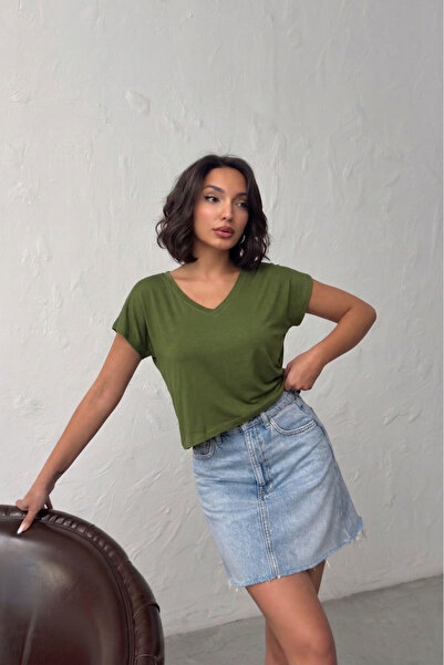 NEW JOURNAL Tricou de bază scurt, verde închis, cu decolteu în V, pentru feme...