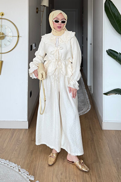 Tesettür Diyarı Σετ Χιτζάμπ από Ύφασμα Τούλι Μοντάλ με Δέσιμο Felora - Κρεμ