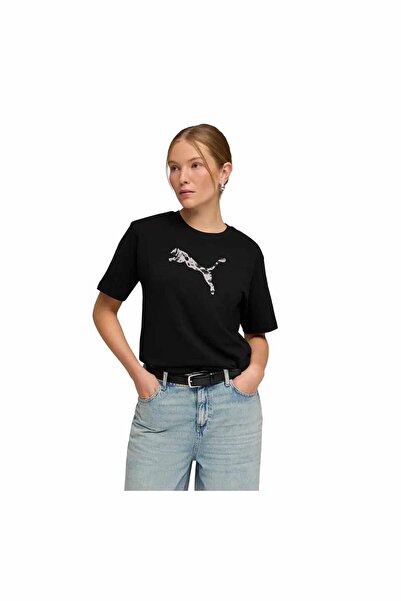 Puma Women's Black Leopard Patterned Logo Printed T-Shirt