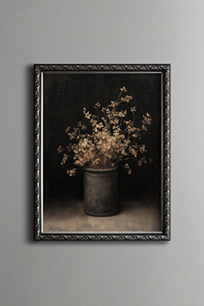 epiqart Dried Flowers and Black Vase - Vintage Patterned Frame - Slim Model