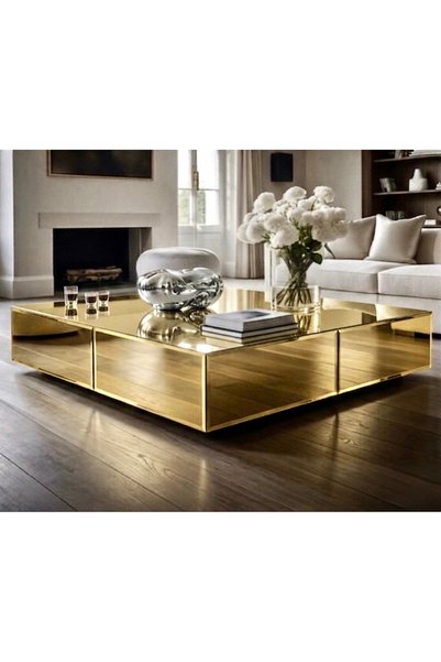 LUXURY VİLLA LUXURY KOMPLE GOLD AYNALI TEKERLEKLİ DEKORATIF ORTA SEHPA 90 × 9...