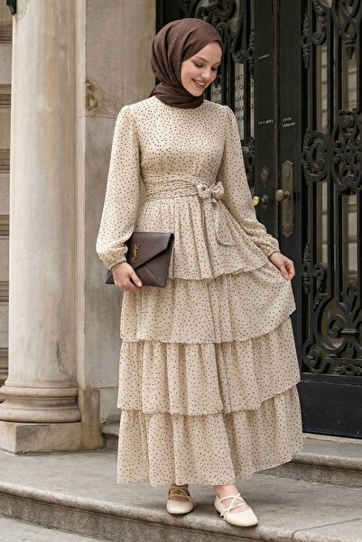 InStyle Πουά Φόρεμα Σιφόν με Βολάν και Ζώνη σε Μπεζ Απόχρωση