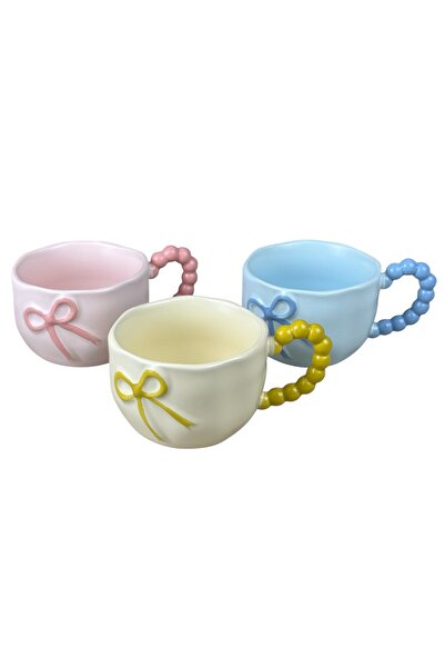 OEM Σετ 3 πολύχρωμων κεραμικών κούπων με ανάγλυφο σχέδιο φιόγκου, 360 ml