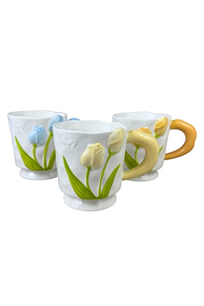 OEM Σετ 3 κεραμικών κούπες  "Τουλίπες ", 400 ml, Ποικιλία 3 χρωμάτων