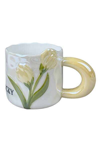 OEM  "Τυχερή Τουλίπα " λευκή κεραμική κούπα με κίτρινες τουλίπες και κίτρινη ...