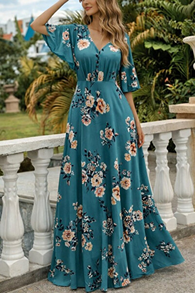 JANES Γυναικείο κοντομάνικο φόρεμα με λαιμόκοψη V με λουλουδάτο σχέδιο