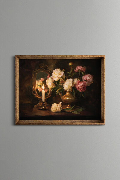 epiqart Peony Still Life by Candlelight - Vintage Patterned Frame - Slim Model
