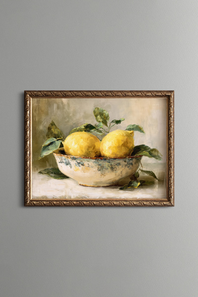 Yellow Lemons and Ceramic Bowl - Vintage Patterned Frame - Slim Pattern