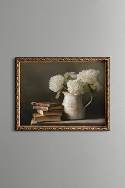 epiqart White Hydrangeas and Books Still Life - Vintage Patterned Frame - Sli...