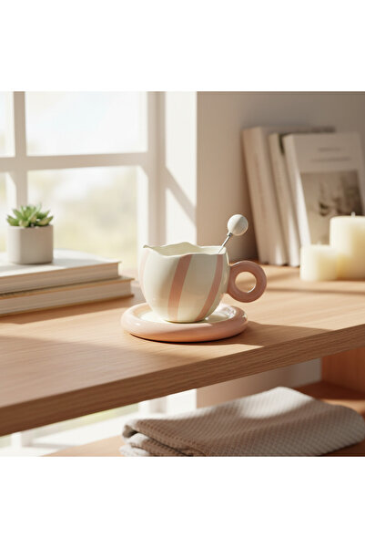 OEM Κεραμική κούπα με πιατάκι και κουτάλι  "Purr Purr " λευκό και ροζ