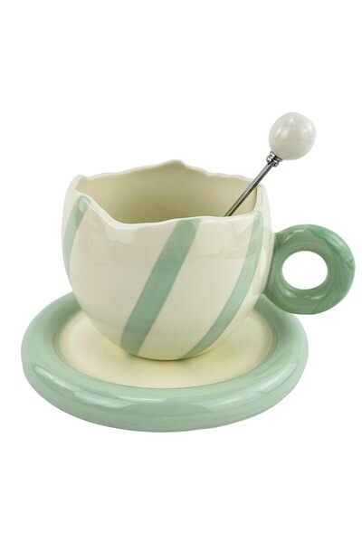 OEM Κεραμική κούπα με πιατάκι και κουτάλι  "Purr Purr " λευκή με πράσινο
