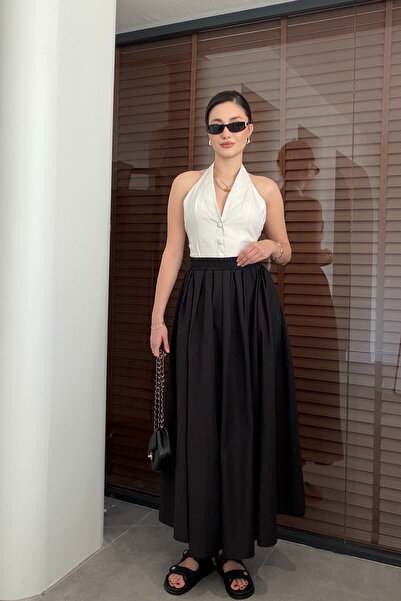 MAGARDE Φούστα από ποπλίνα με ελαστική μέση και λεπτομέρεια τσέπης - ΜΑΥΡΗ