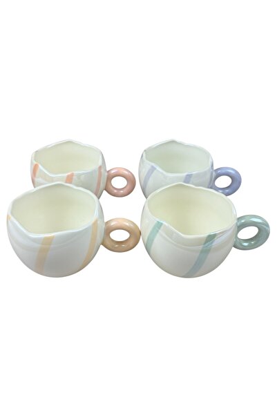 OEM Σετ 4 κεραμικών κούπες  "Pastel Stripe " με πολύχρωμη ρίγα και στρογγυλή ...