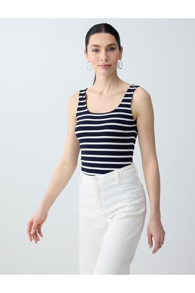 Jimmy Key Μπλε ναυτικό πλεκτό εσώρουχο με ριγέ λαιμόκοψη U και στενή εφαρμογή