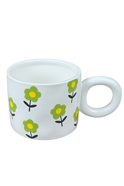 OEM  "Bloom Art " λευκή κεραμική κούπα με πράσινα λουλούδια και στρογγυλή λαβ...