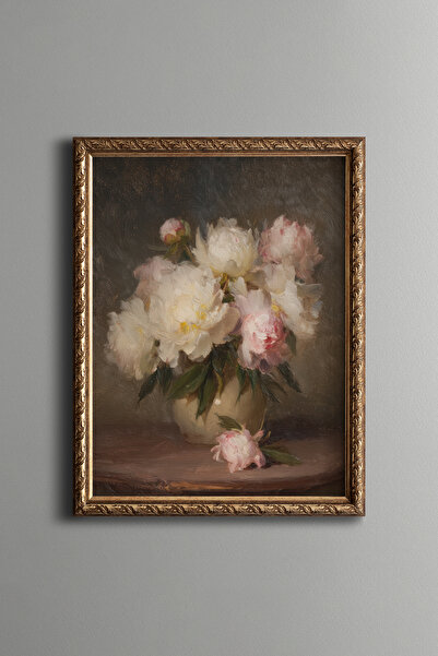 epiqart White Peony Flowers – Vintage Patterned Frame – Slim Model