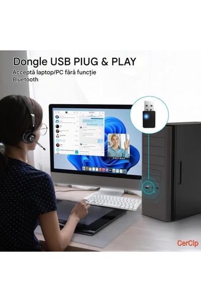 CerCip Căști Call Center 783, Fără fir, Cu stație de încărcare, Baterie de 26 de ore, Anulare zgomot ENC, Negru