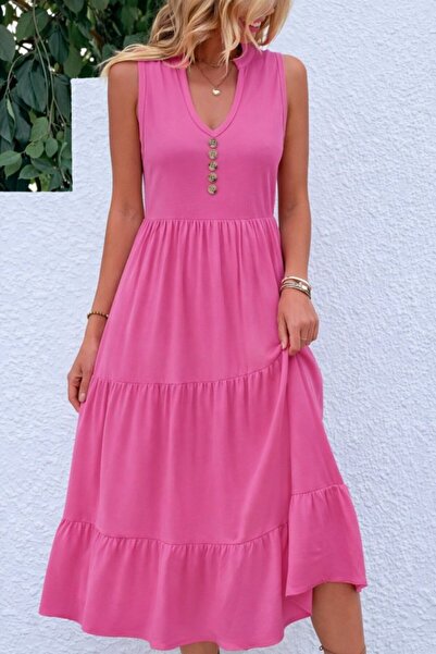 Wear Up Γυναικείο φόρεμα μίντι από βισκόζη με τιράντες, λαιμόκοψη V και κουμπ...