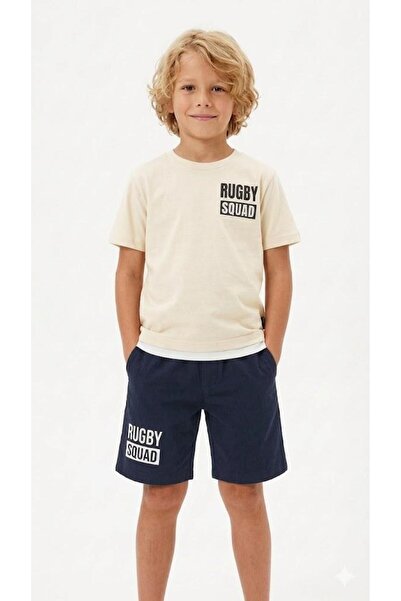 vovido Σετ σορτς για αγόρια με στάμπα Rugby Squad - Μπεζ επάνω μέρος, Σκούρο ...