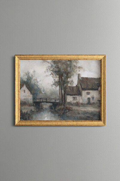 epiqart Village House and Bridge Scenery - Vintage Patterned Frame - Fine Model