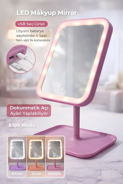 Reoona Şarjlı LED Makyaj Aynası Dokunmatik Ayarlı 3 Renk Işıklı Masa Aynası Mor
