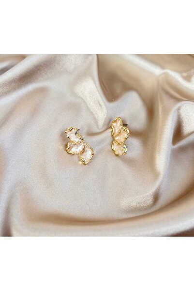 lunera Kadın Gold Kenarlı İnci Görünümlü Soyut Çiçek Küpe - Vintage Stil Mode...