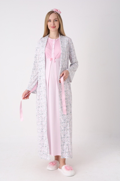 ERDENİZ TEKSTİL Cotton Maternity Nightgown and Dressing Gown Set - Breastfeed...