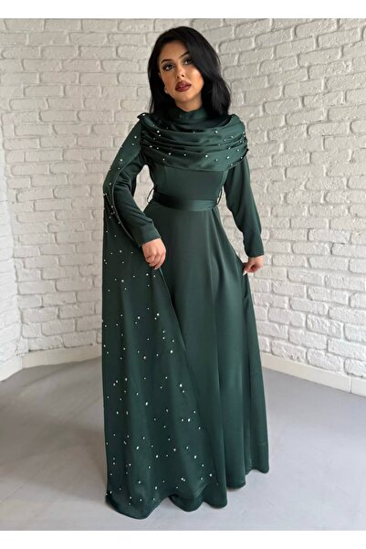 moneta boutique فستان سهرة نسائي طويل من الساتان مرصع بالأحجار مع عباءة