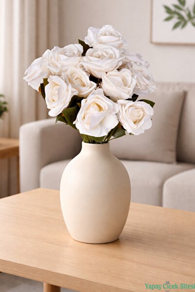 Yapay Çiçek Sitesi Artificial Big Head Rose Bouquet 11 Branches White