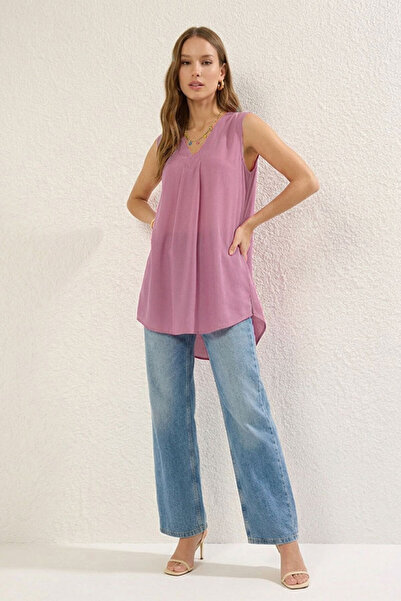dorbe chic sleeveless multi-color v-neck pleated longline tunic top blouse