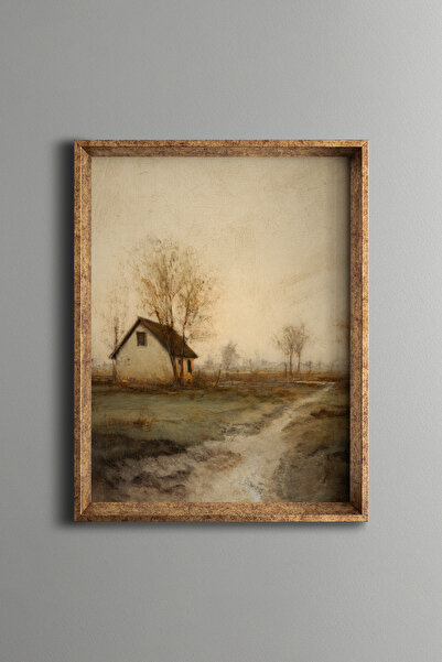 epiqart Kırsal Ev ve Yol Manzarası – Vintage Desenli Çerçeve – İnce Model
