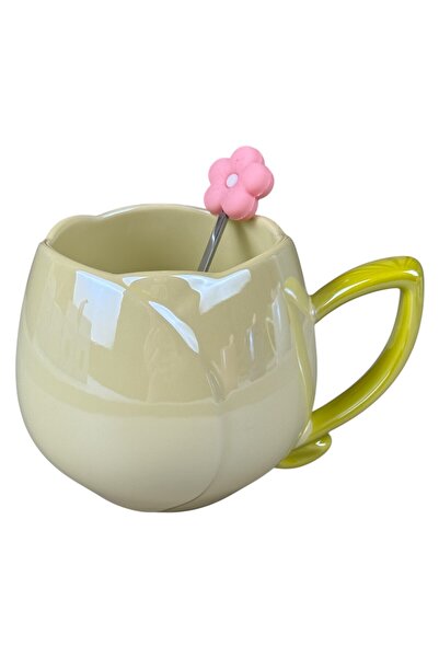 OEM Κεραμική κούπα "λουλούδι" 360 ml, κίτρινη με πράσινο γυάλισμα