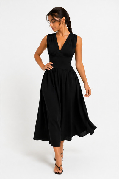 kikiriktekstil 10857 Γυναικείο φόρεμα από ύφασμα λύκρα με λαιμόκοψη V και κορ...