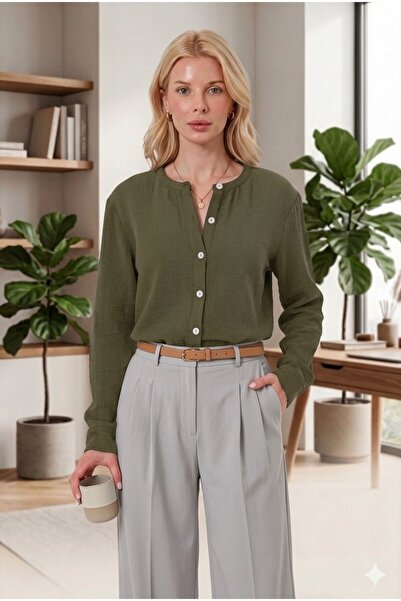 RELAXL Battal Size Women's Muslin Shirt with Simit Collar, Long Sleeve, Khaki...