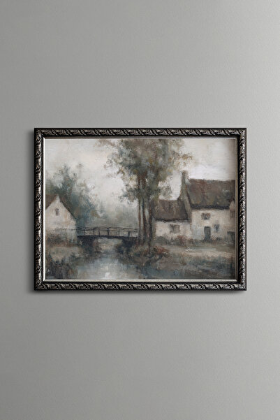epiqart Village House and Bridge Scenery - Vintage Patterned Frame - Fine Model
