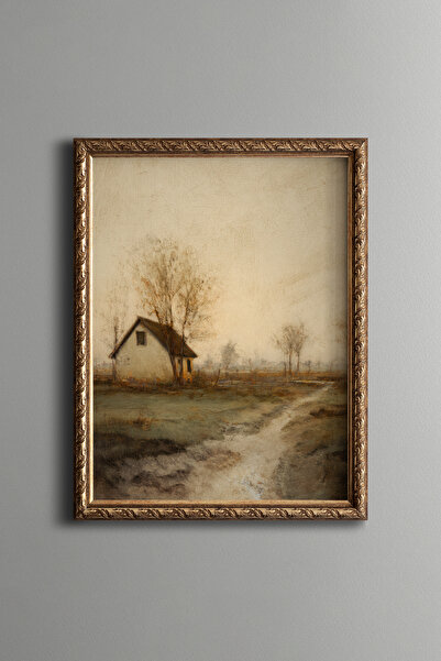 epiqart Kırsal Ev ve Yol Manzarası – Vintage Desenli Çerçeve – İnce Model