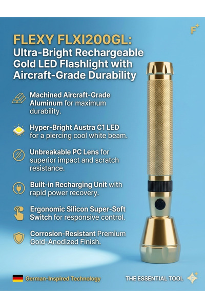 flexy مصباح يدوي LED ذهبي فائق السطوع قابل لإعادة الشحن FLXI200GL: متين بدرجة...