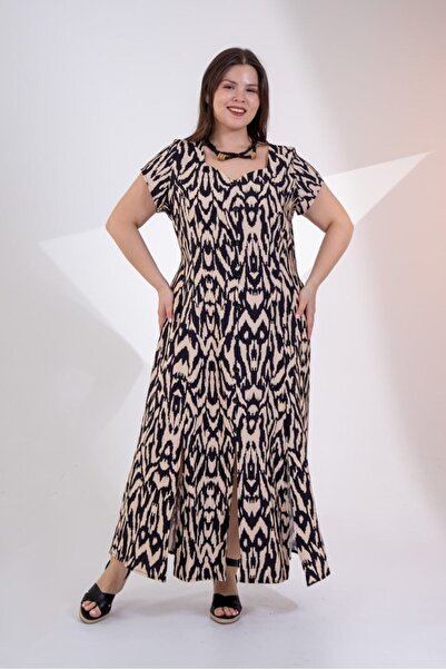 Roxxlen 111975 Γυναικείο φόρεμα με κουμπιά και σκίσιμο σε μεγάλο μέγεθος