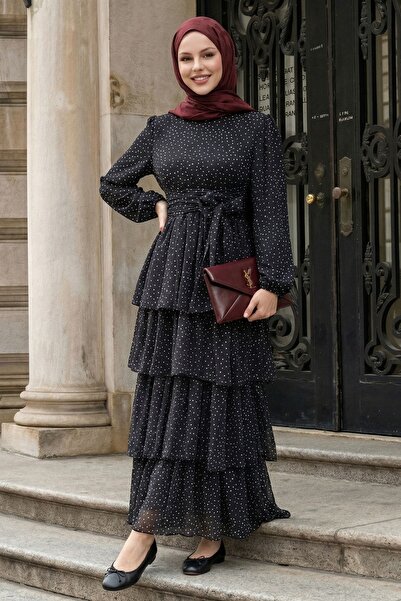 InStyle Πουά Φόρεμα Σιφόν με Μαύρη Ζώνη και Βολάν