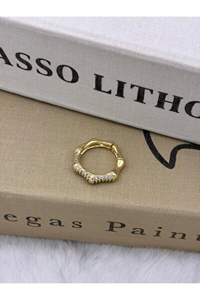 Hedef Bijuteri Gold Color Zircon Stone Wavy Model Adjustable Brass Ring T2