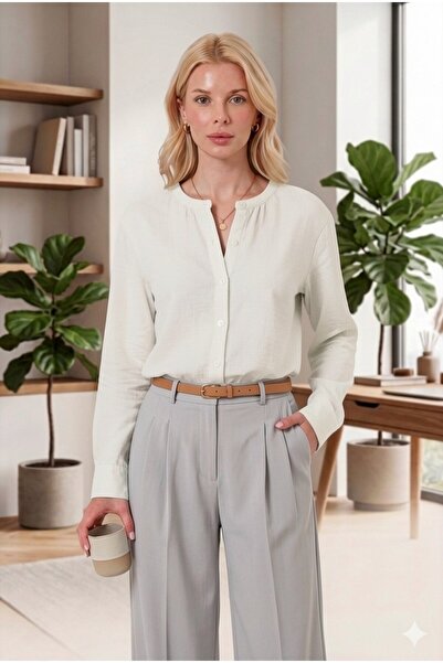 RELAXL 100% Cotton Muslin Crew Neck Ecru Women's Shirt